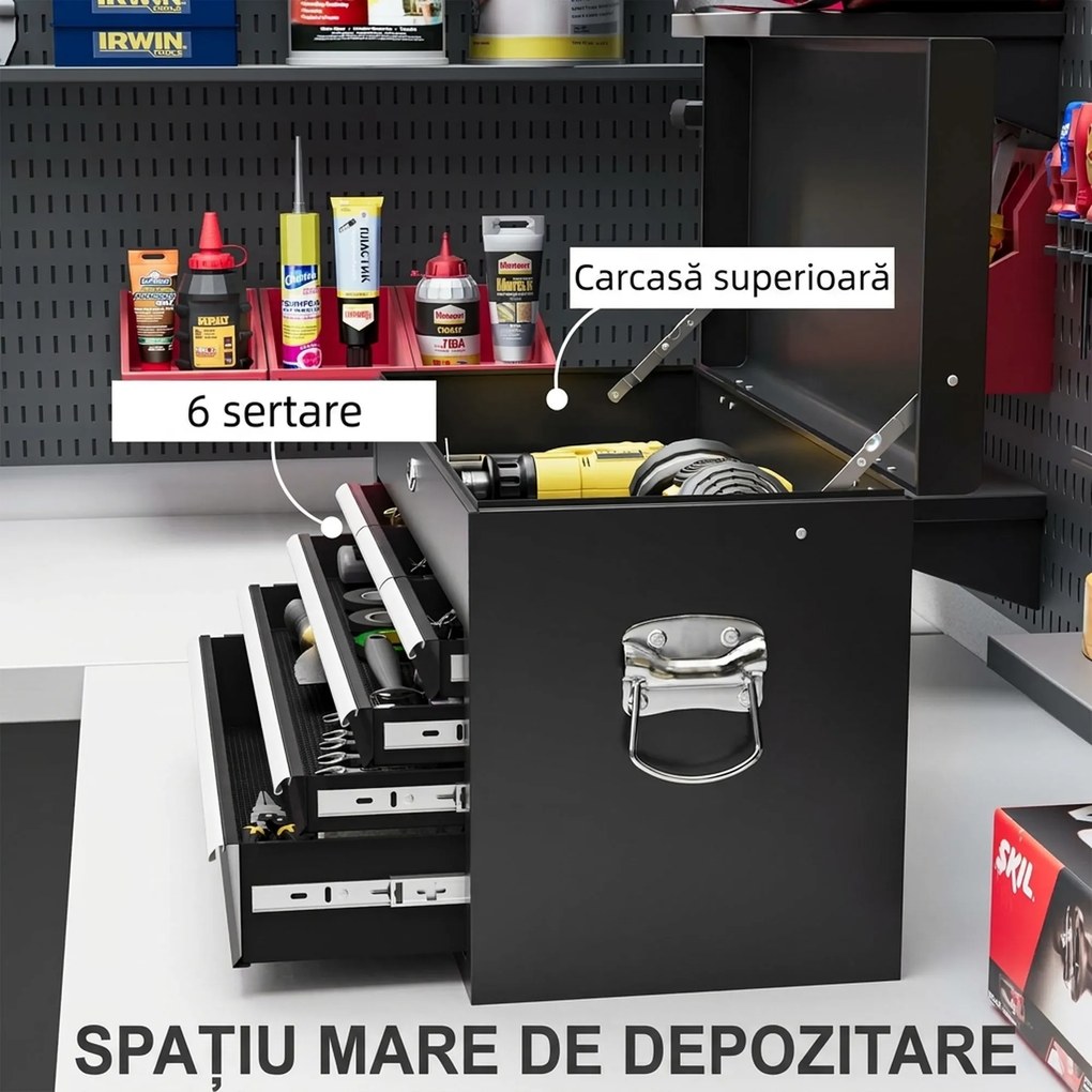 HOMCOM Comodă pentru Scule Portabilă, Cutie Metalică cu Carcasă Superioară și Glisiere pe Rulmenți cu Bile, 60x26x34 cm, Negru | Aosom Romania