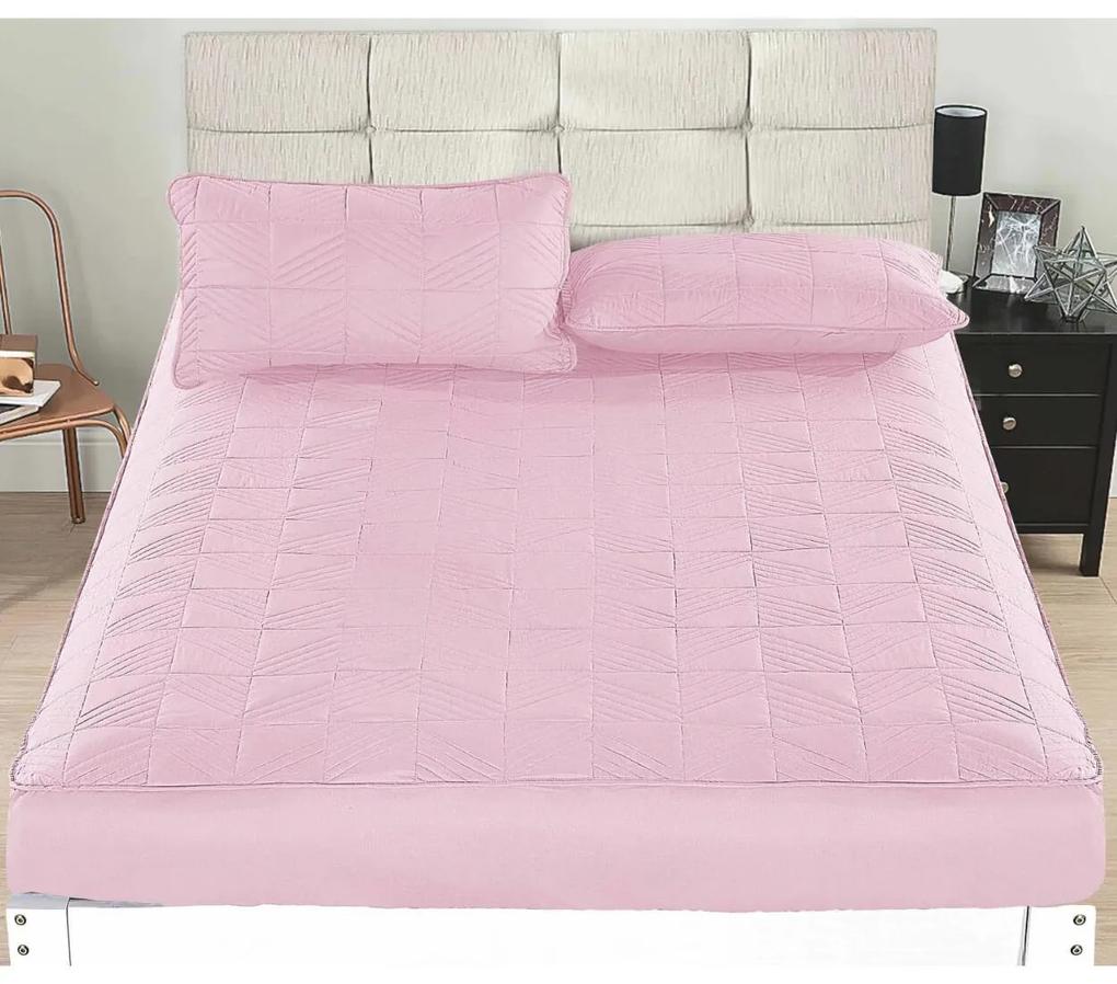 Husa de pat cu elastic si 2 fete de perna, policoton, pat 2 persoane, roz, HPEC-12
