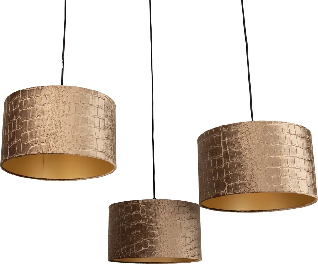 Lampă suspendată neagră cu abajur crocodil și interior auriu 35cm 3 lumini - Cava