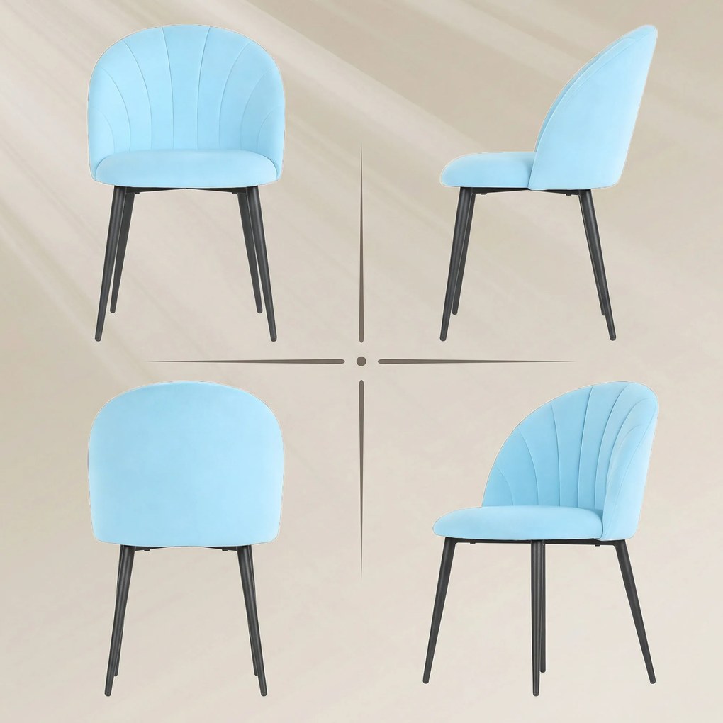 HOMCOM Set de 2 Scaune de Sufragerie din Catifea, Scaune Bucătărie cu Spătar Curbat în Formă de Scoică, Picioare din Oțel, Stil Nordic, Scaun Tapițat pentru Bucătărie, Dormitor, Living, Albastru Deschis | Aosom Romania