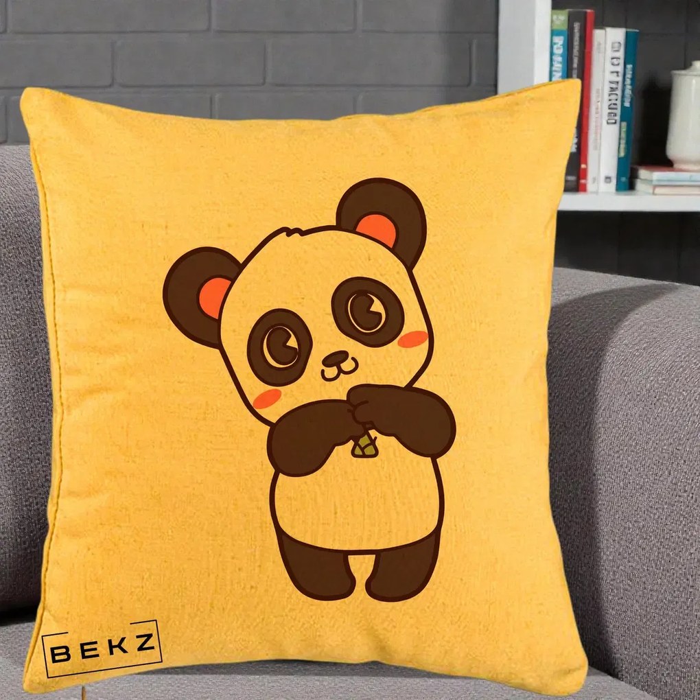 Perna Personalizata Panda Kawaii cu Bambus, 40x40 cm, Galben, Husa Detasabila, Perna Inclusa, BEKZ®