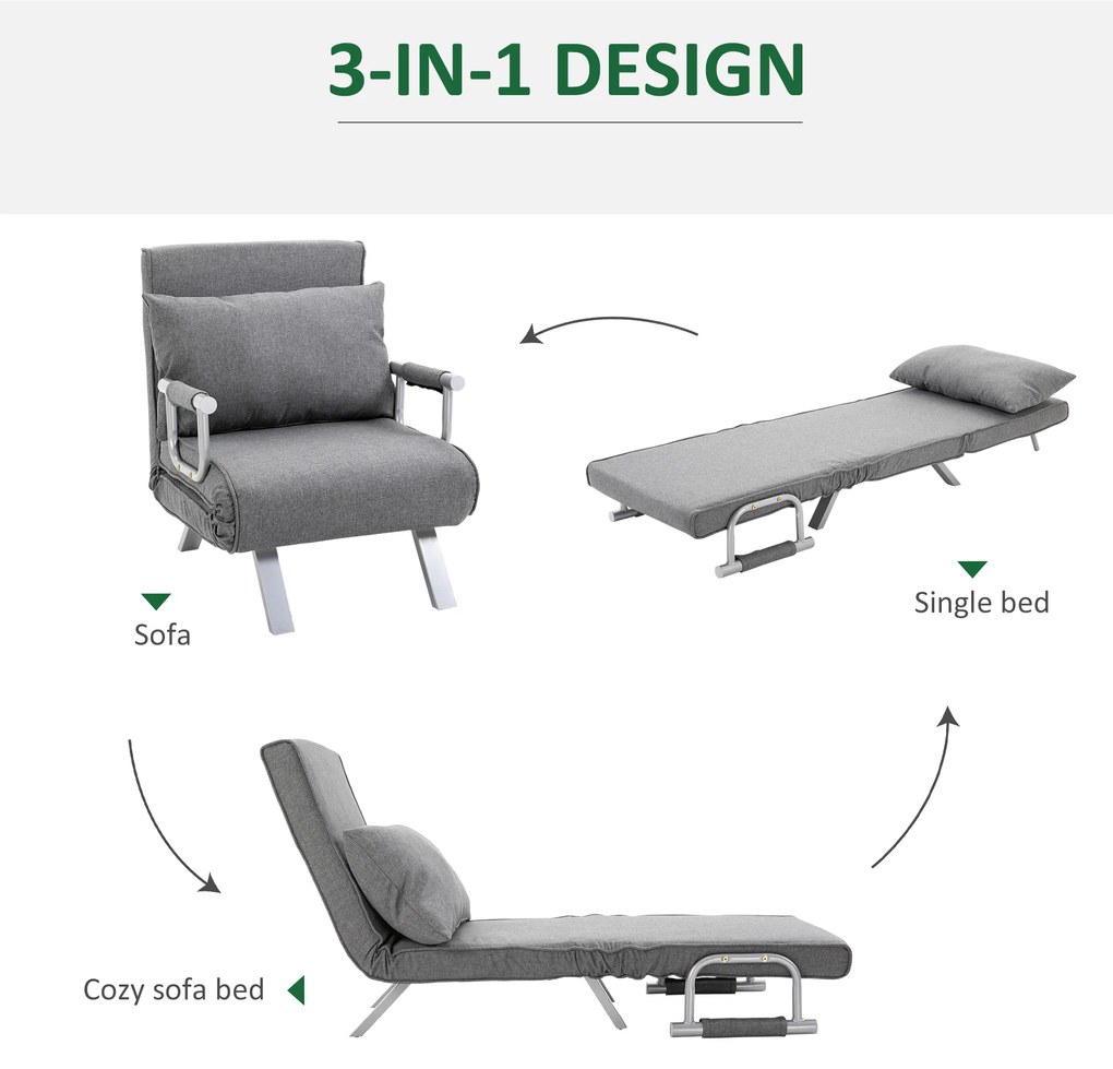 HOMCOM Canapea Extensibilă cu Poziție Reglabilă în 5 Niveluri, Canapea pliabilă cu pernă, 65x69x80 cm, Gri | Aosom Romania