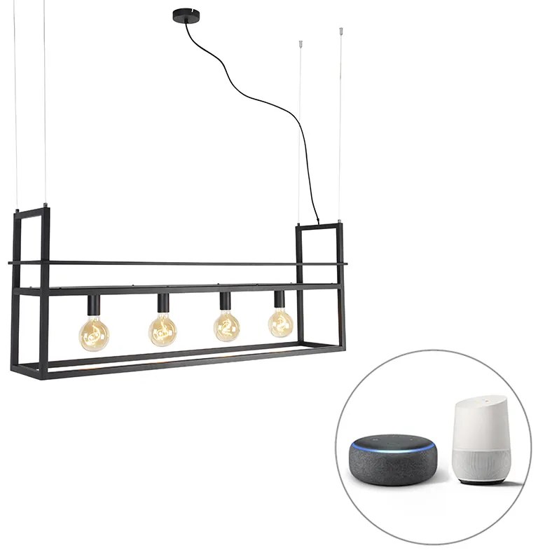 Lampă suspendată inteligentă neagră cu raft mare cu 4 lumini inclusiv Wifi G95 - Cage Rack