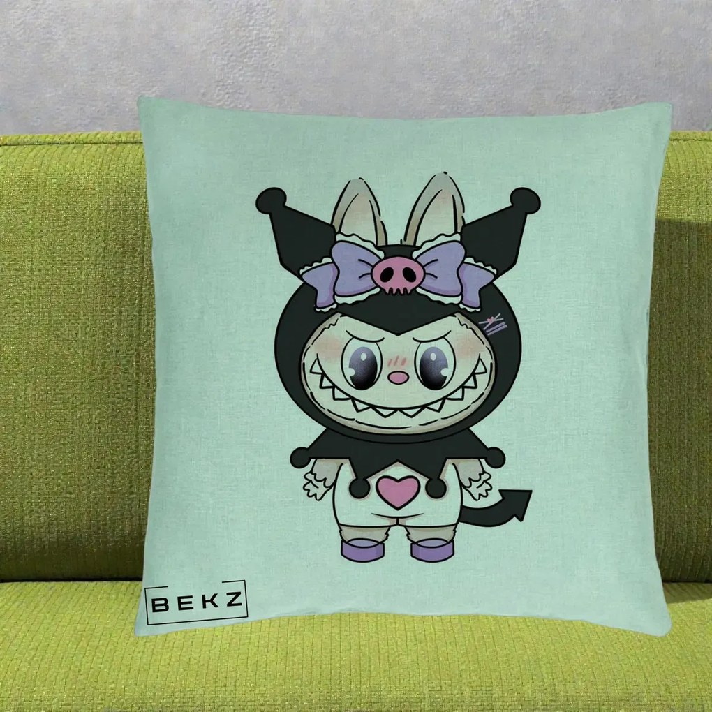 Perna Personalizata Labubu x Kuromi, 40x40 cm, Verde Menta, Husa Detasabila, Perna Inclusa, BEKZ®