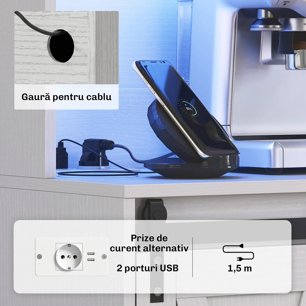 HOMCOM Servantă de Bucătărie Rustică 180 cm, Dulap cu Priză de Alimentare, Lumini LED, Suport pentru Sticle, Suprafață pentru Cuptor cu Microunde, Rafturi Deschise, Uși Glisante, Orificiu pentru Cabluri, Alb | Aosom Romania