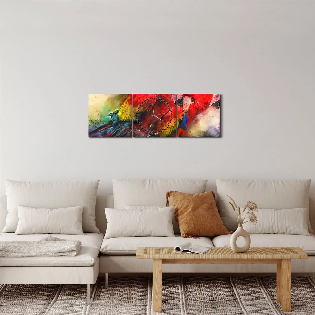 Tablou - Papagali roșii ara (cu ceas) (90x30 cm)