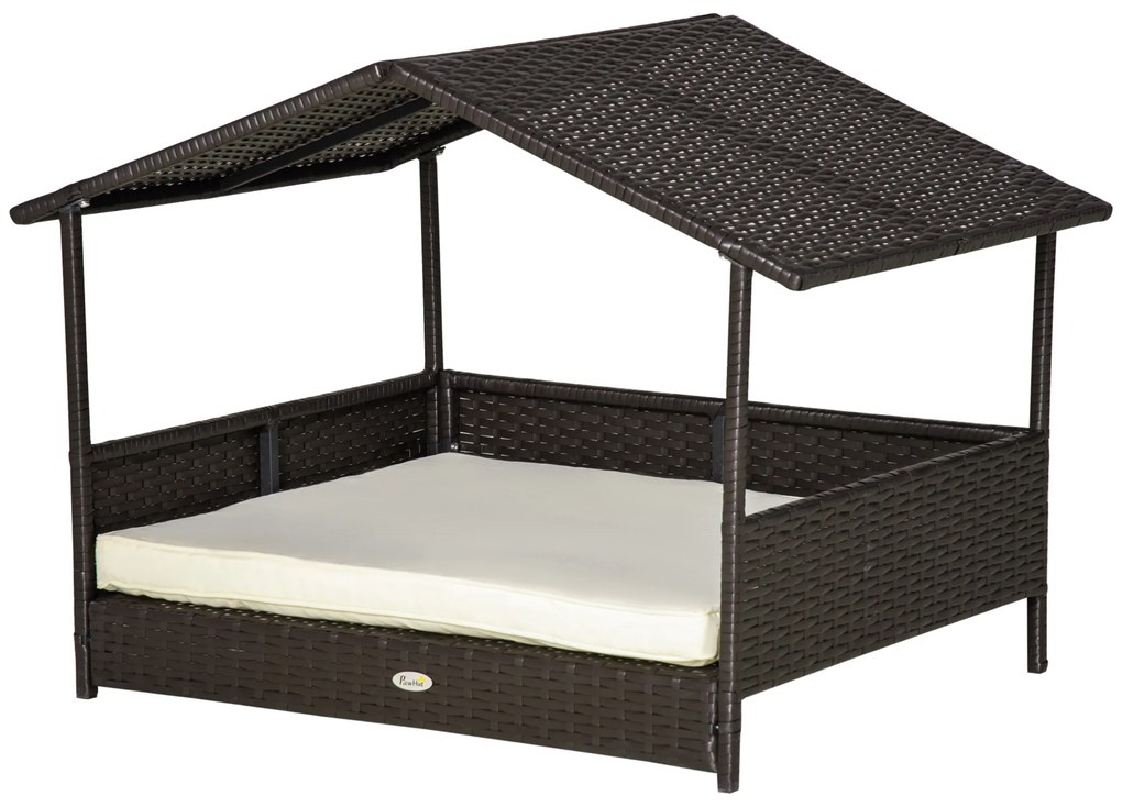 PawHut Pat Ratan pentru Câini cu Acoperiș pentru Exterior, Pat ridicat pentru câini mici și medii, Pat răcoros pentru Animale de Companie cu Cadru din Metal, Pat pentru Exterior, 69 x 98 x 70 cm, Cafea-Brun | Aosom Romania