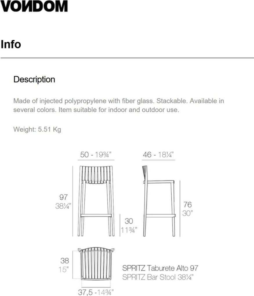 Set 4 Scaune de bar design modern exterior / interior SPRITZ BAR STOOL H-97CM 56019 Vondom