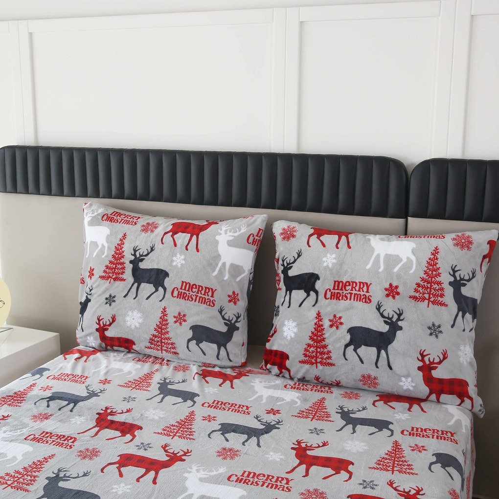 Set Lenjerie cocolino MERRY CHRISTMAS DEER gri + Cearsaf Cocolino microplus cu elastic SOFT 180x200 cm alb, pat dublu