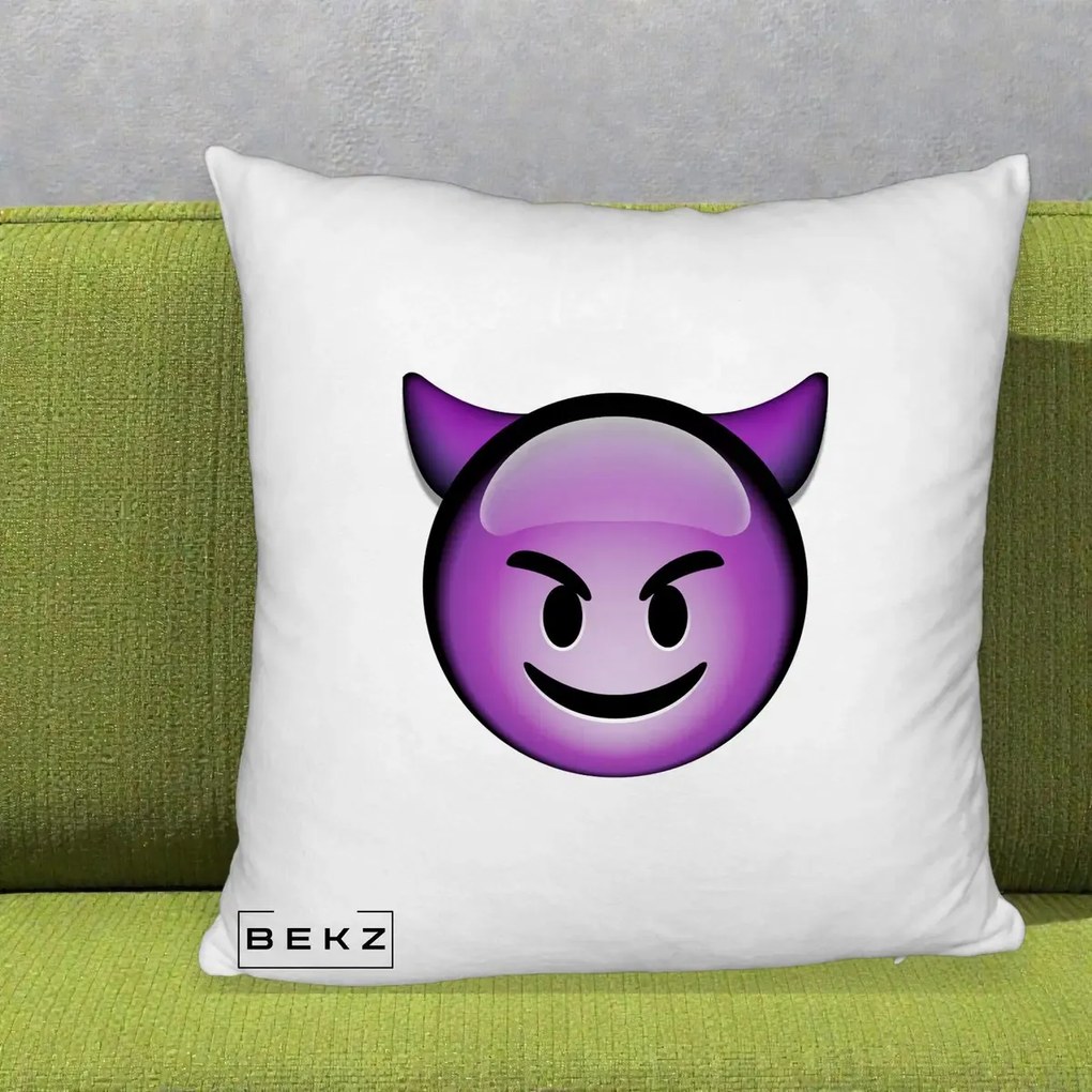 Perna Decorativa Emoji Diavol Mov, 40x40 cm, Alb Pufos, Husa Detasabila, Perna Inclusa, BEKZ®
