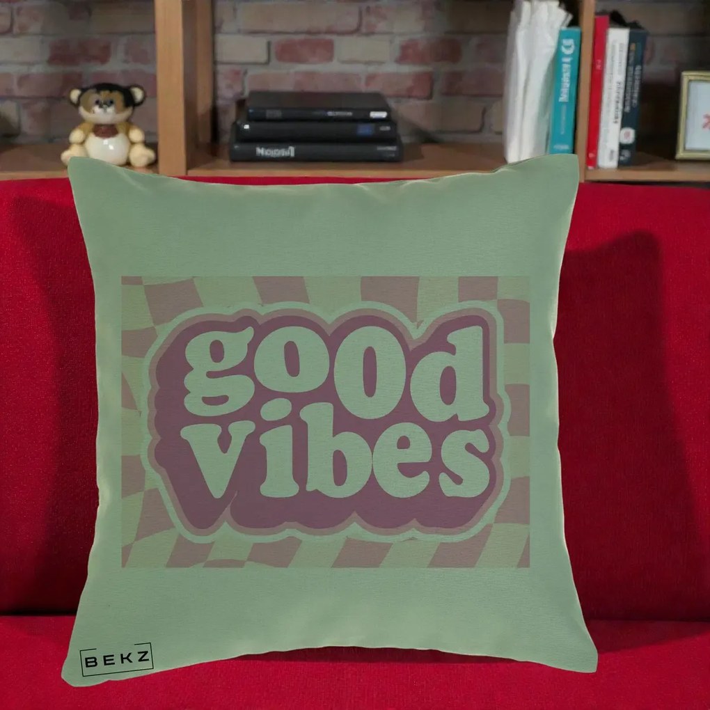 Perna Decorativa Good Vibes Retro Roz, 40x40 cm, Verde, Husa Detasabila, Perna Inclusa, BEKZ®
