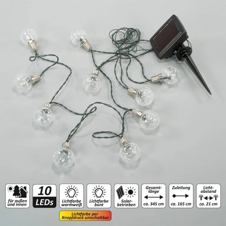Lanț de lumini solare 10 LED-uri, 345 cm, alb cald/culoare