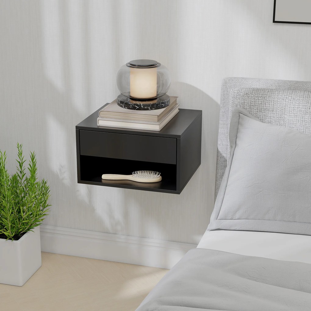 HOMCOM Set de 2 noptieri montate pe perete, sertar, compartiment deschis, blat, 37 x 32 x 21 cm, negru | Aosom Romania