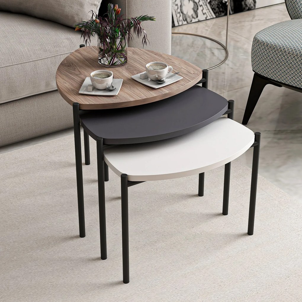 Set măsuțe de cafea Lena 3 (Alb + Antracit + Nuc). 1073001