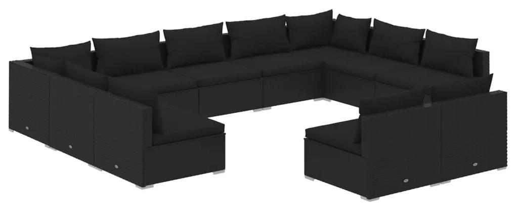 Set mobilier de gradina cu perne, 11 piese, negru, poliratan Negru, 2x colt + 9x mijloc, 1