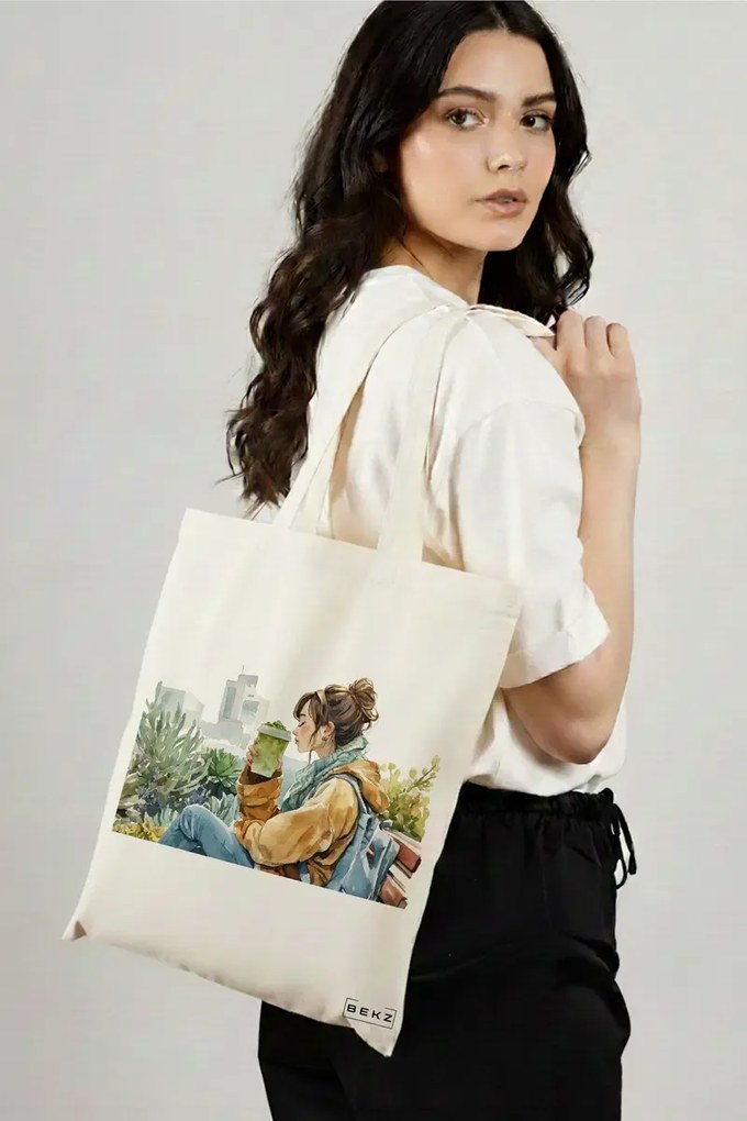 Sacosa de Panza pentru Cumparaturi, Geanta Tote, model Urban oasis 38 x 34.5 cm, Alba, BEKZ®