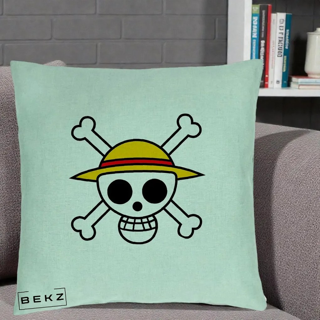 Perna Personalizata One Piece Jolly Roger Straw Hat Pirates, 40x40 cm, Verde Menta, Husa Detasabila, Perna Inclusa, BEKZ®