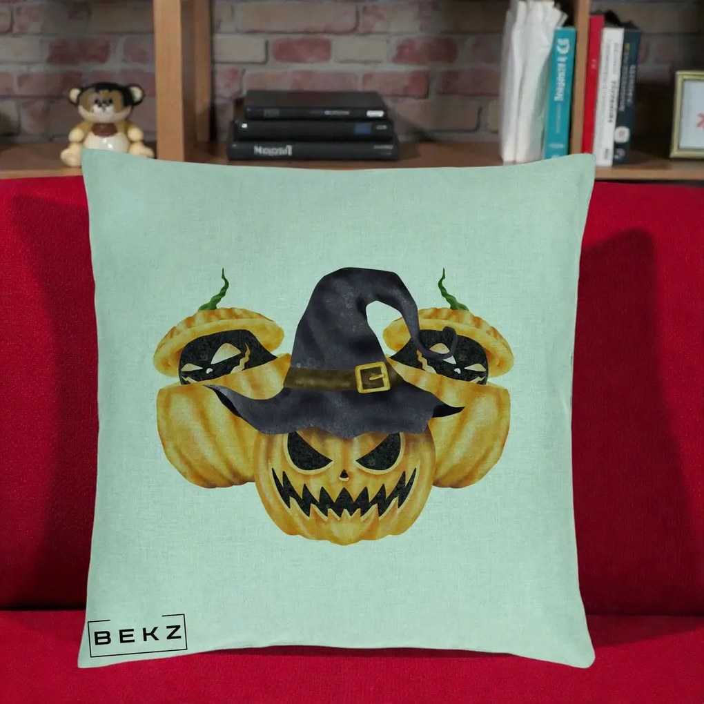 Perna Decorativa Trio Dovleci Jack-o-Lantern cu Palarie Vrajitoare, 40x40 cm, Verde Menta, Husa Detasabila, Perna Inclusa, BEKZ®