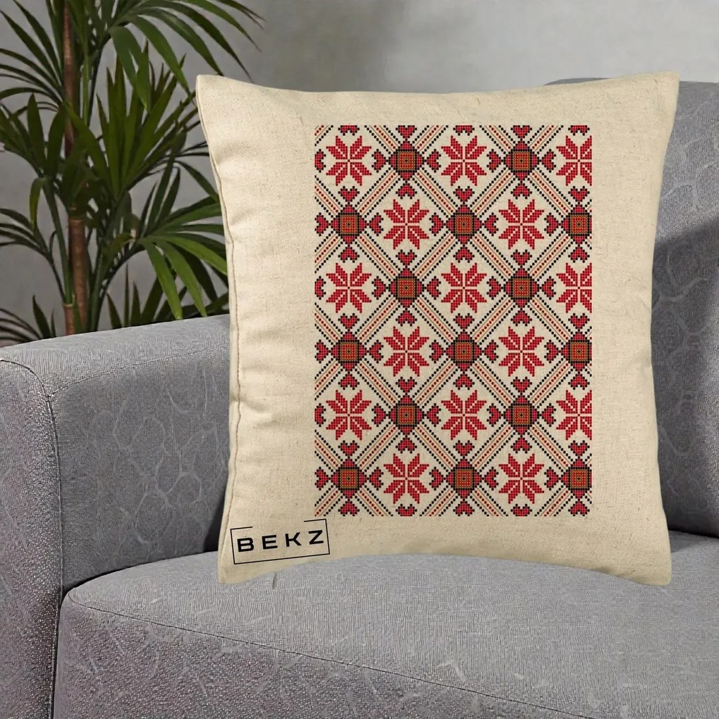 Perna Personalizata Motiv Traditional Ie Romaneasca Rosu, 40x40 cm, Bej, Husa Detasabila, Perna Inclusa, BEKZ®