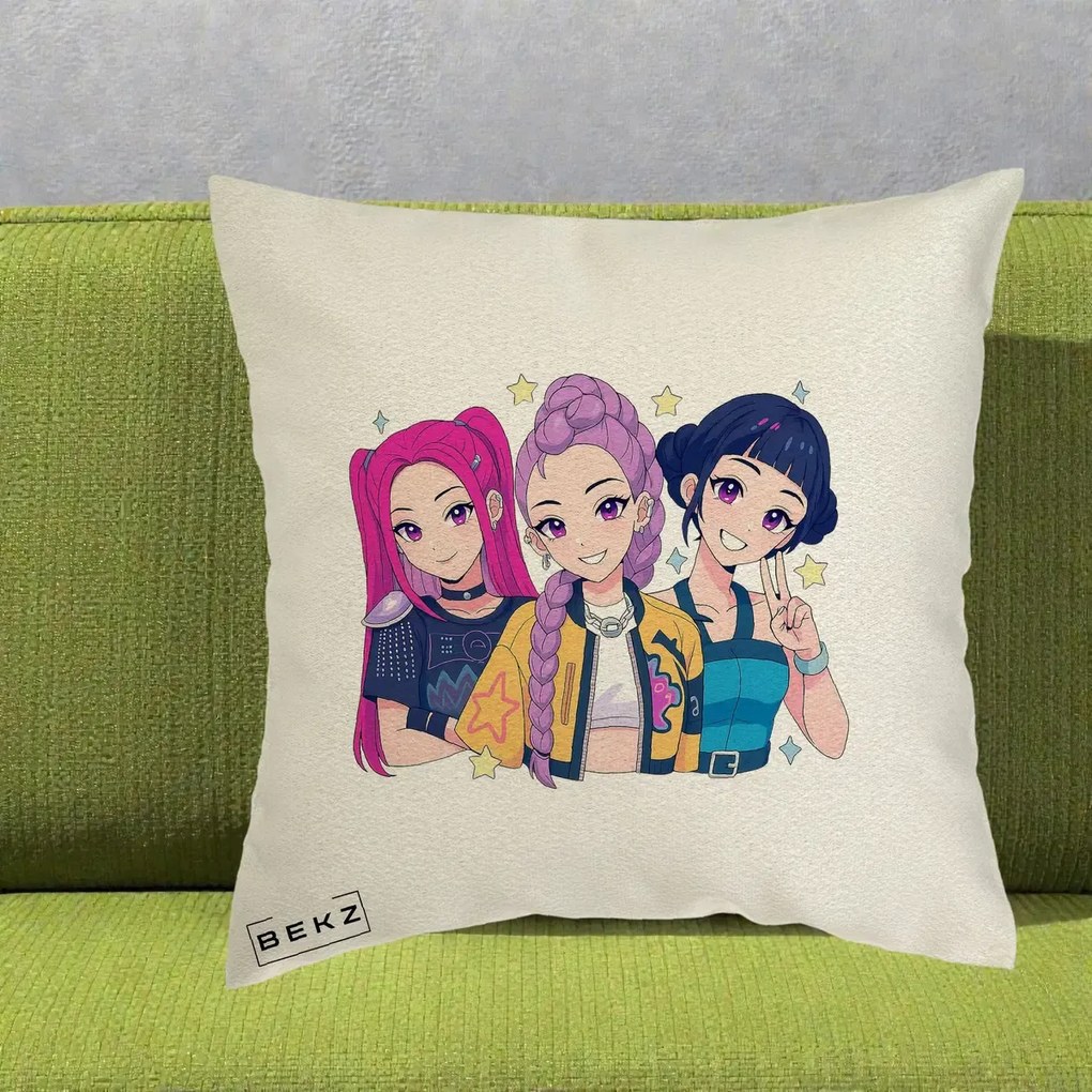 Perna Personalizata K-pop HUNTRX Trio Anime Stele, 40x40 cm, Ecru, Husa Detasabila, Perna Inclusa, BEKZ®