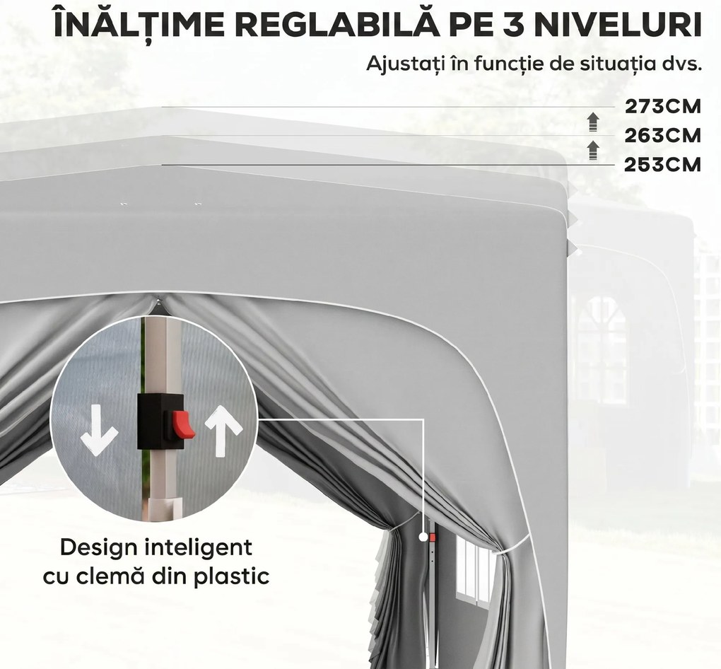 Outsunny Pavilion Pliabil cu Ferestre Laterale și Geantă de Transport, 300x300x273 cm, Gri Deschis | Aosom Romania