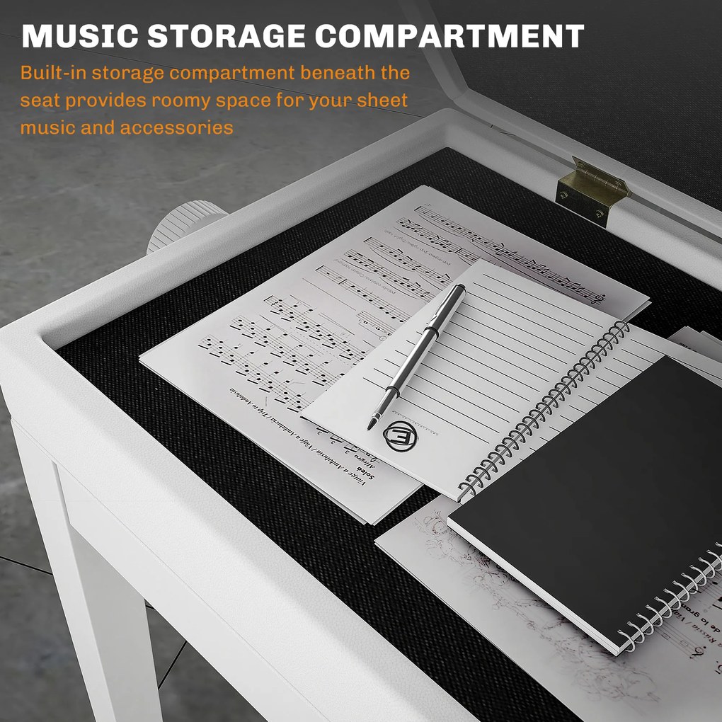 Scaun de Pian HOMCOM Reglabil cu Compartiment de Depozitare și Scaun Imbunătățit, 54.5x33x48-58 cm, Alb | Aosom Romania