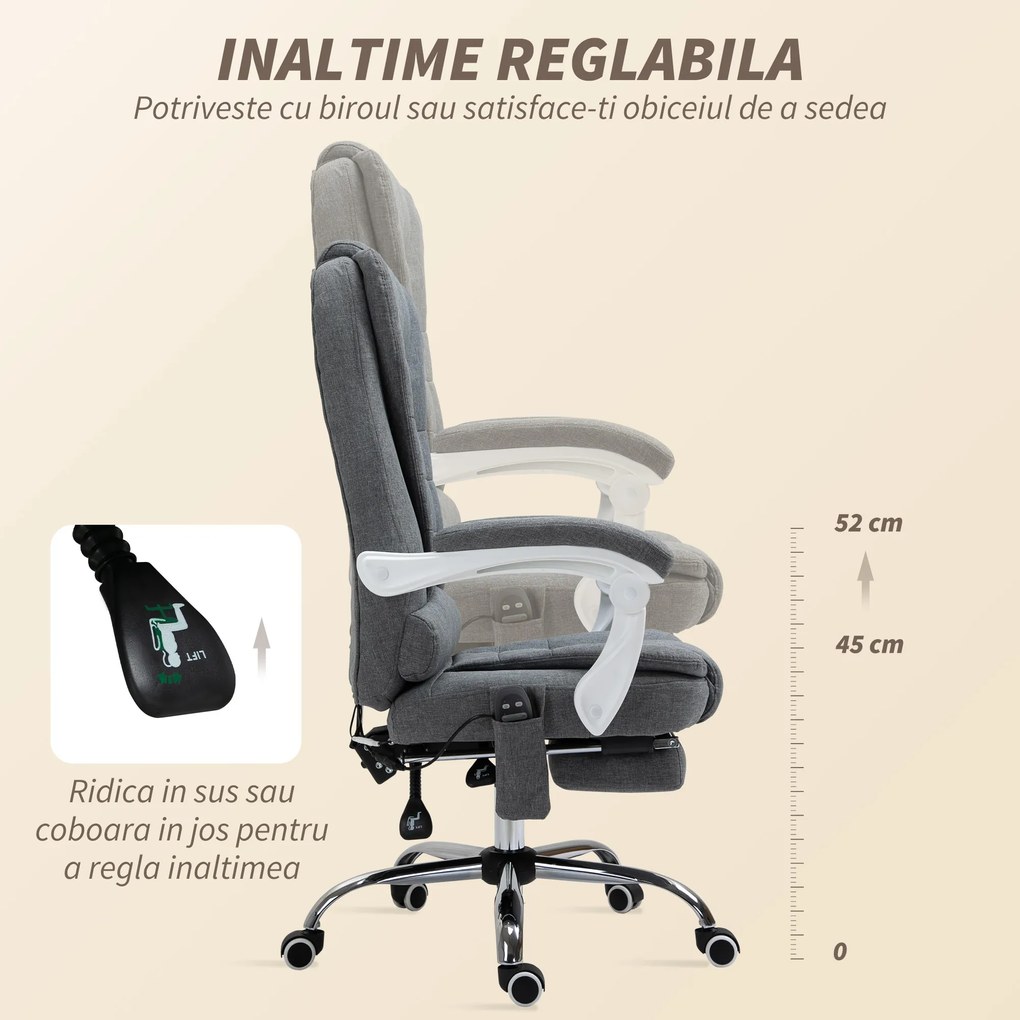 Vinsetto Scaun de Birou cu Telecomandă și 6 Puncte de Masaj, Tapitat cu Stofă Tip Catifea, 67x79x111-121 cm, Gri | Aosom Romania