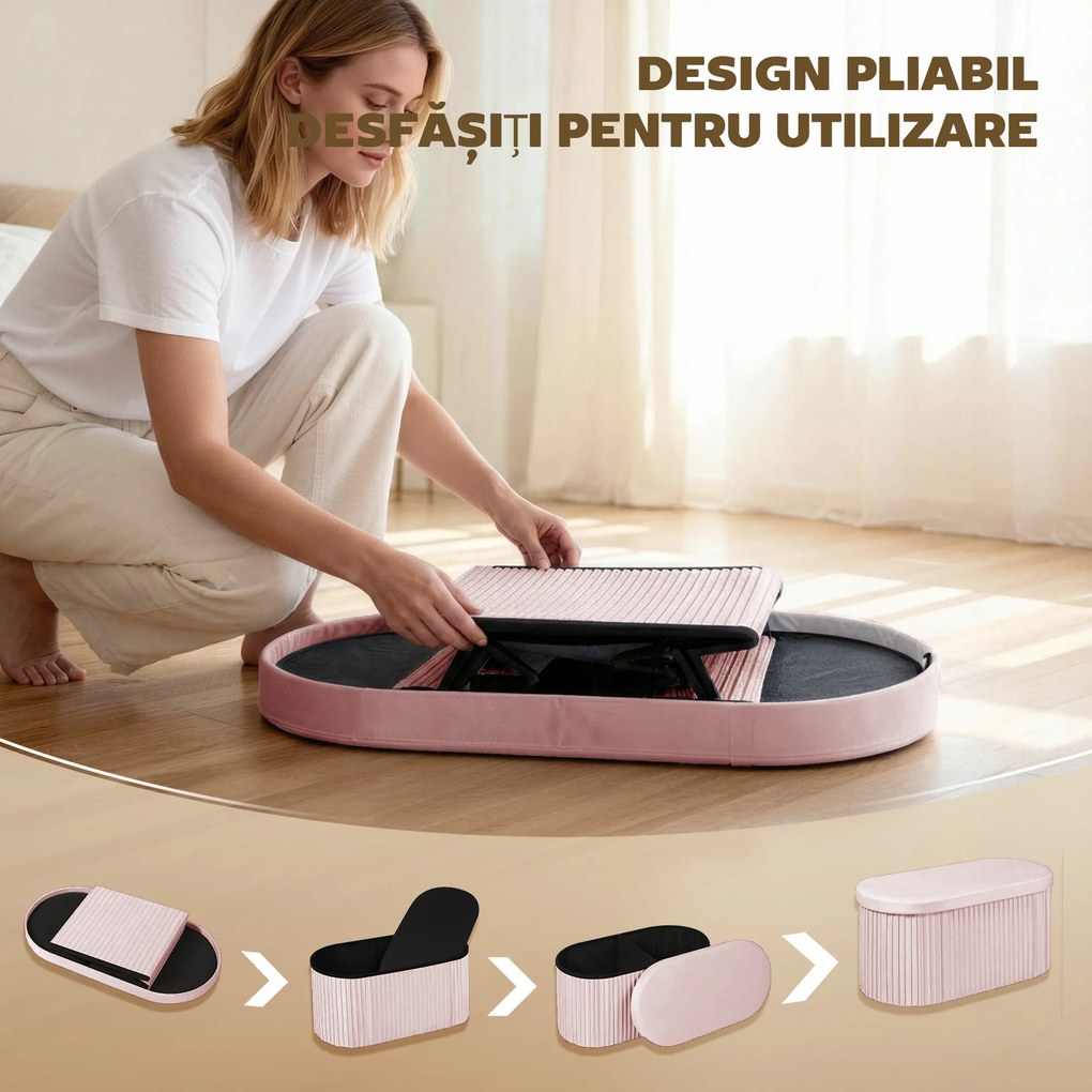 HOMCOM Pouf pliabil cu spațiu de depozitare modern, tapițat cu catifea, 72L, pentru living și dormitor, 76x38x35 cm, Roz | Aosom Romania