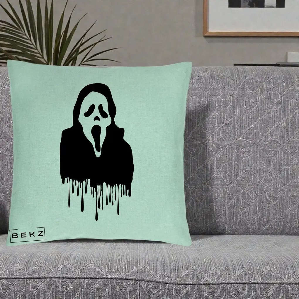 Perna Personalizata Halloween Ghostface Scream Picurand, 40x40 cm, Verde Menta, Husa Detasabila, Perna Inclusa, BEKZ®