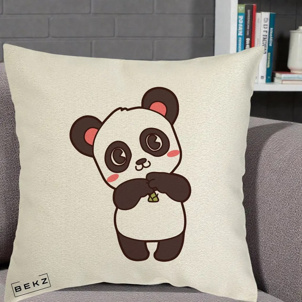 Perna Personalizata Panda Kawaii cu Bambus, 40x40 cm, Ecru, Husa Detasabila, Perna Inclusa, BEKZ®