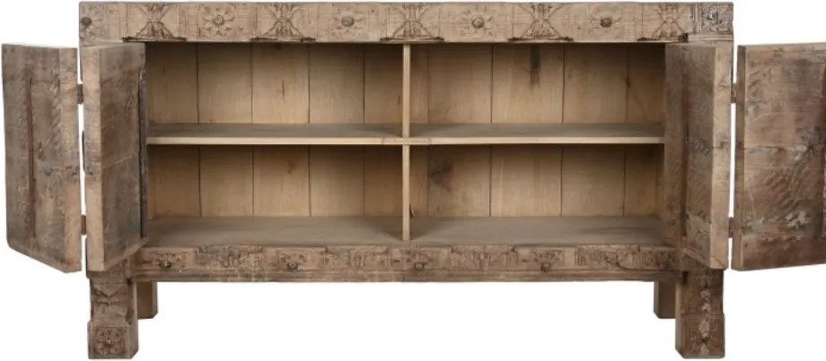 Bufet rustic din lemn reciclat, natur, cu 2 uși, decor sculptat manual și balamale fluture din metal, 92 x 167 x 51 cm, „Rigora”