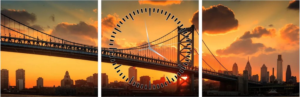 Tablou - Apus de soare peste Podul Ben Franklin, Philadelphia (cu ceas) (90x30 cm)