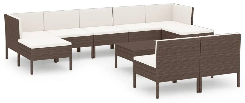 Set mobilier de gradina cu perne, 10 piese, maro, poliratan 2x colt + 5x mijloc + 2x suport pentru picioare + masa, 1