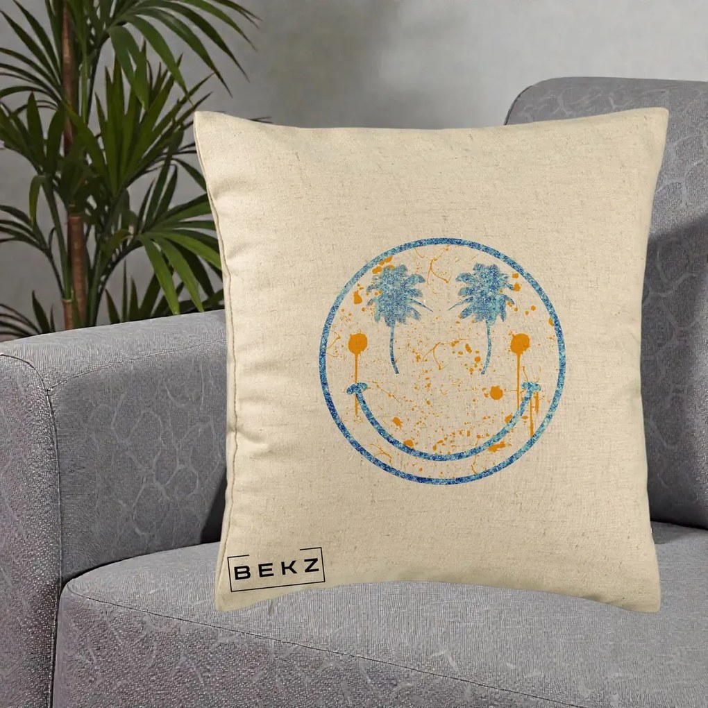Perna Decorativa Smiley Face Tropical Albastru Glitter si Portocaliu, 40x40 cm, Bej, Husa Detasabila, Perna Inclusa, BEKZ®