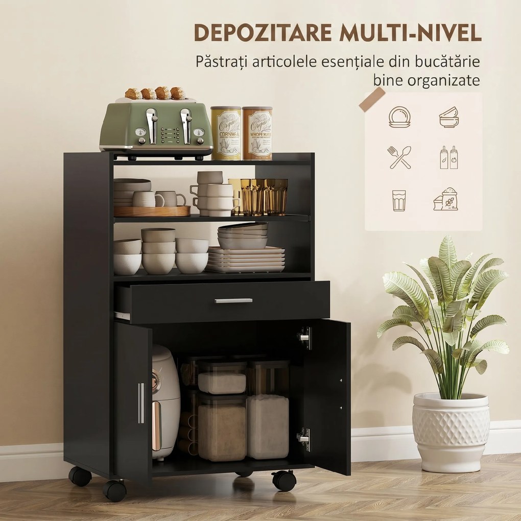 HOMCOM Dulap pentru Cuptorul cu Microunde cu Roți, Bufet de Bucătărie cu Sertar, Blat pentru Aparate, Dulap cu 2 Uși, Raft Retractabil și Raft Deschis, Cărucior de Bucătărie pentru Sufragerie, 59x40x92cm, Negru | Aosom Romania