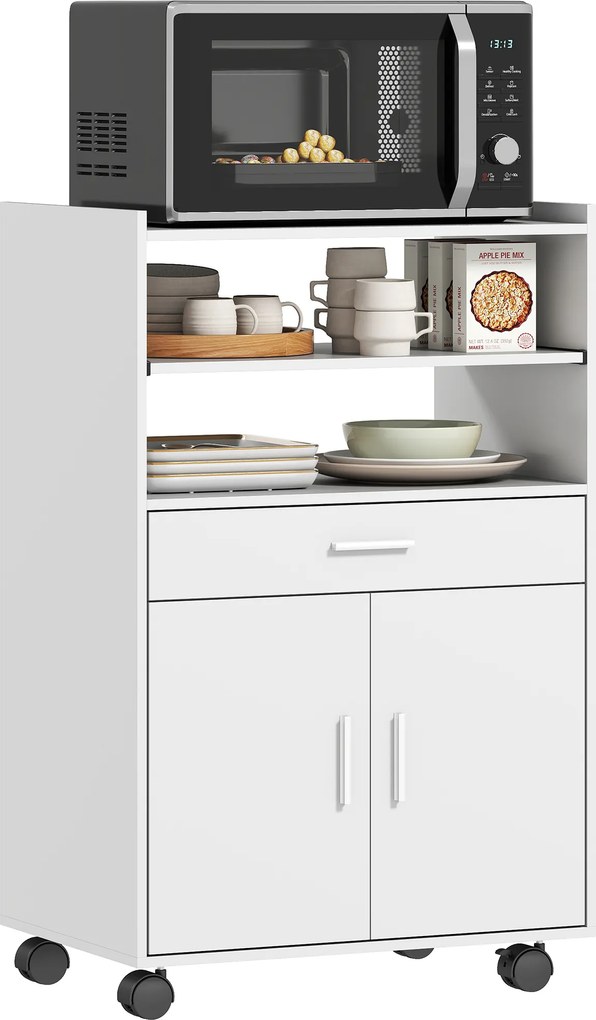 HOMCOM Dulap pentru cuptor cu microunde, raft, dulap cu uși duble, sertar, role, Alb | Aosom Romania