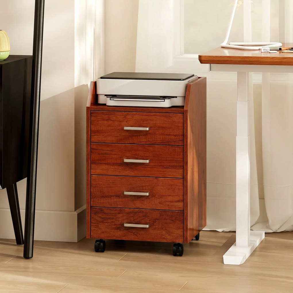 Vinsetto Comodă de birou pe roți Comodă de birou cu 4 sertare Archivator mobil pentru studiu 40x36x65 cm Maro | Aosom Romania
