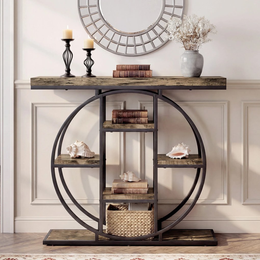 HOMCOM Masă consolă industrială cu rafturi și cadru circular din oțel, 100 x 30 x 81,5 cm, maro rustic | Aosom Romania