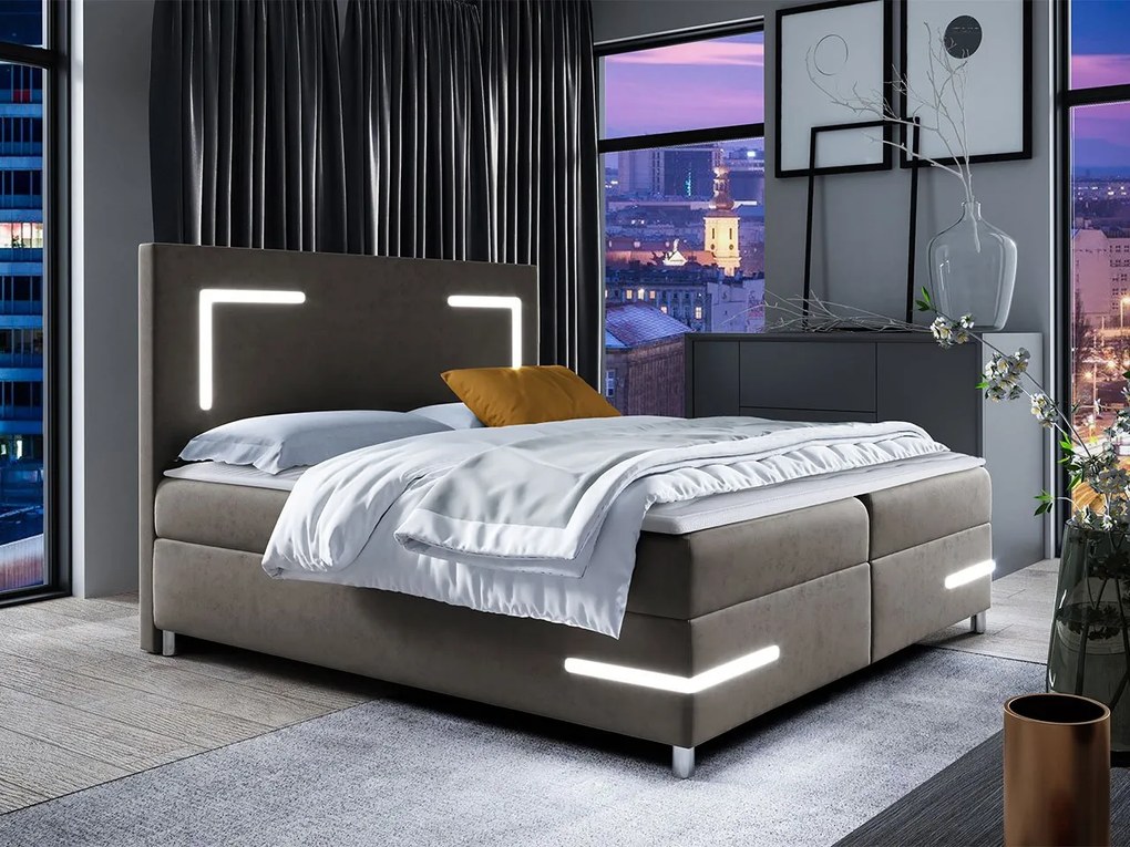 Pat de o persoană 120 cm Frinesa LED (maro) (cu somieră și saltea) (cu sp. depozitare) (cu iluminat LED). 1103545