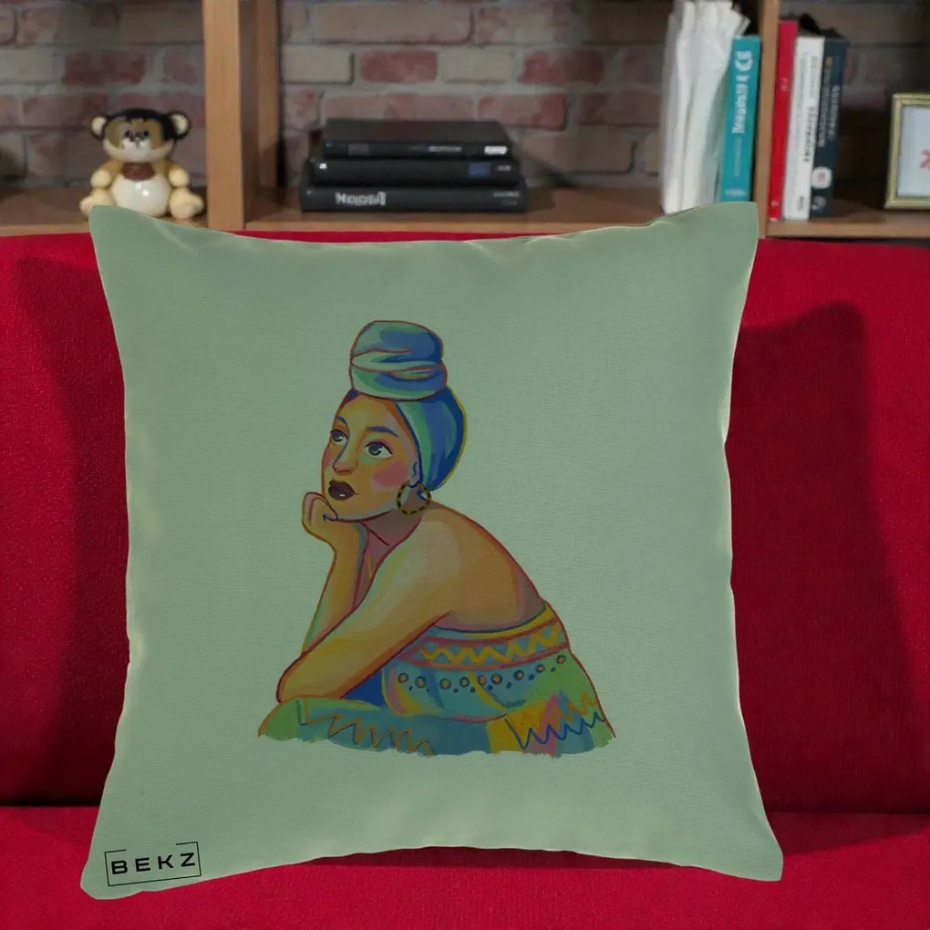 Perna Decorativa Portret Femeie Contemplativa, 40x40 cm, Verde, Husa Detasabila, Perna Inclusa, BEKZ®