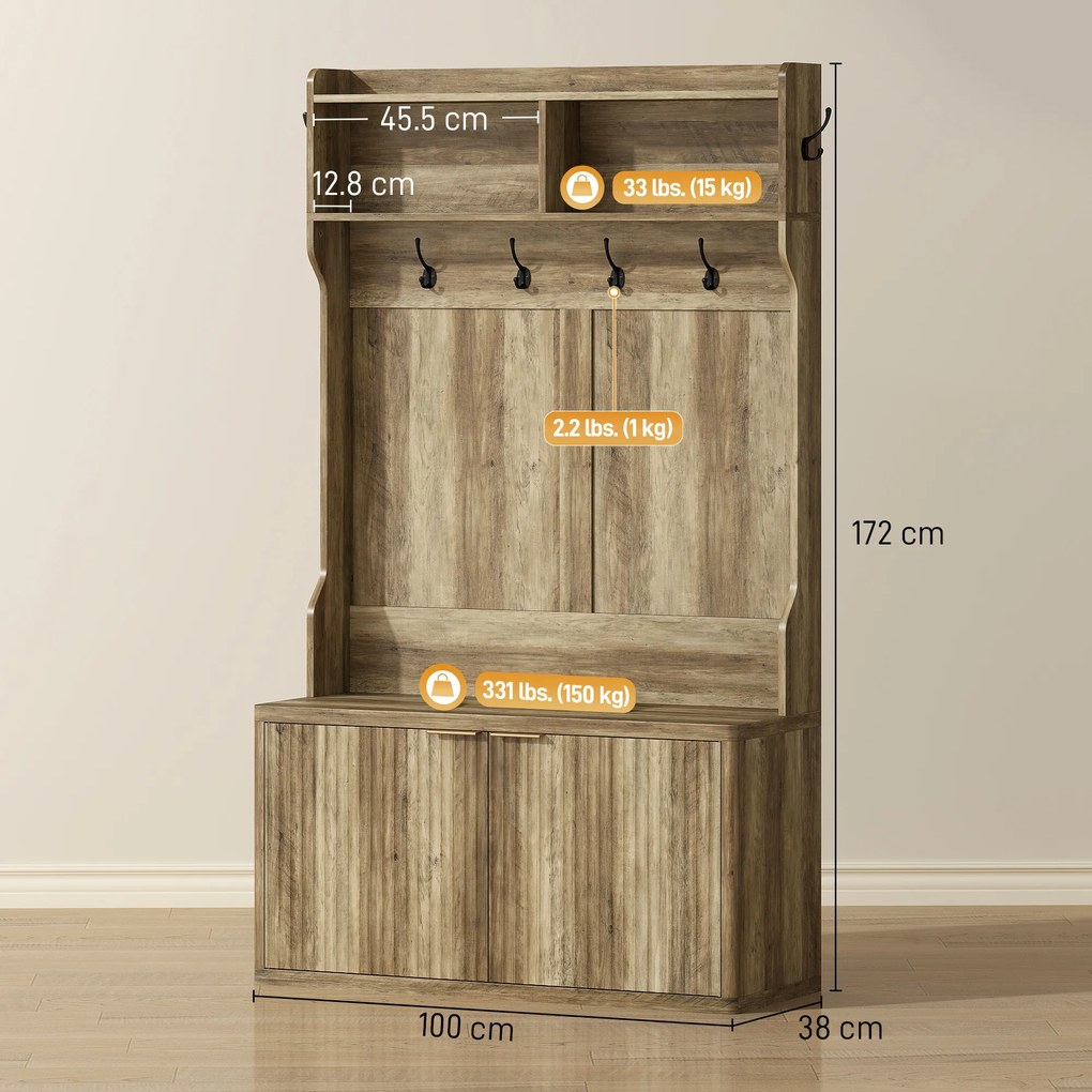 HOMCOM Cuier pantofar 4 în 1 Cuier modern cu raft deschis pentru hol intrare dormitor 100x38x172 cm Stejar | Aosom Romania