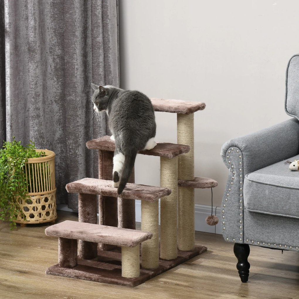 PawHut Scara pentru animale de companie, casa pentru zgâriere, 4 trepte, pentru animale cu o greutate de până la 5 kg, 60x40x64cm, Maro | Aosom Romania