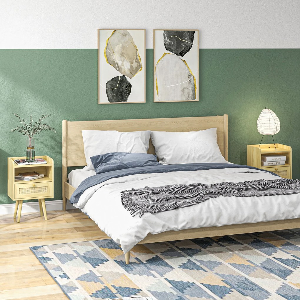 HOMCOM Set de 2 noptiere cu sertar efect răchită și spațiu deschis, 40 x 30 x 60 cm, efect lemn natural | Aosom Romania