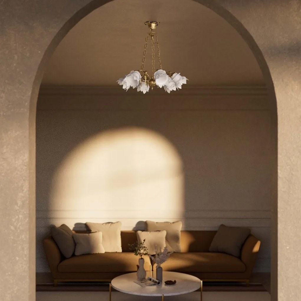 Candelabru 6 brate din alama cu abajur din sticla Putti