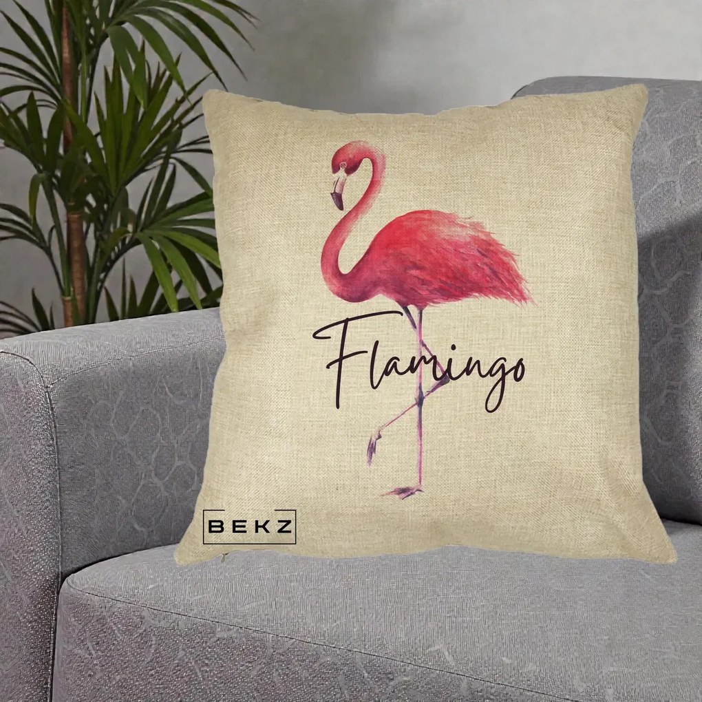 Perna Decorativa Flamingo Acuarela, 40x40 cm, Crem, Husa Detasabila, Perna Inclusa, BEKZ®