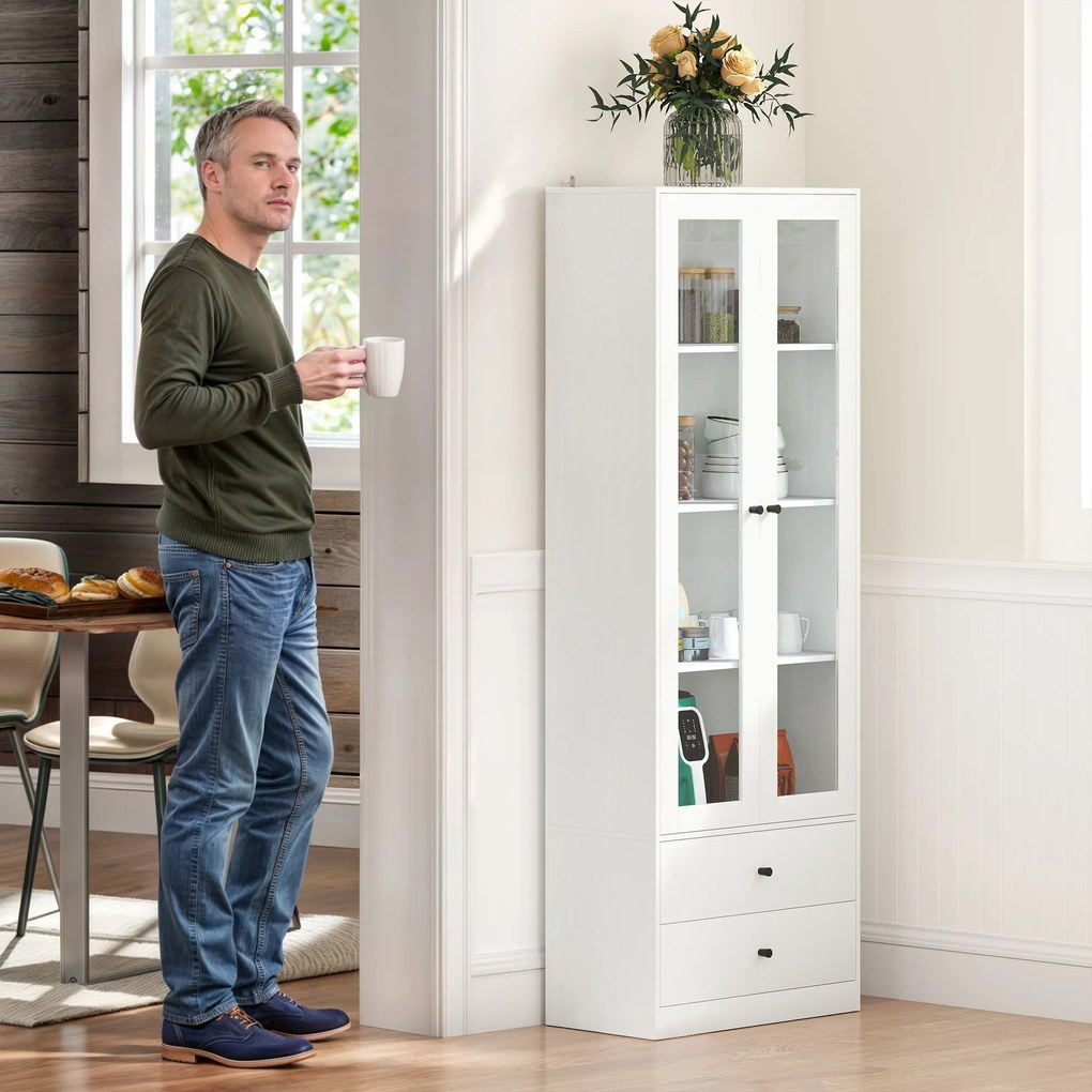 HOMCOM Mobilier de depozitare modern cu dulap cu uși din sticlă, rafturi reglabile și 2 sertare, 59 x 30 x 164 cm, alb | Aosom Romania