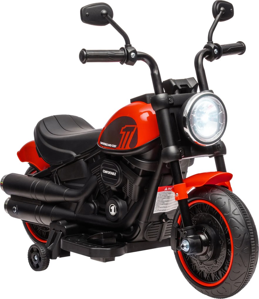 HOMCOM Motocicleta Electrica pentru Copii 18-36 Luni, cu Roti Suplimentare si Far, din PP si Metal ,Rosu si Negru | Aosom Romania