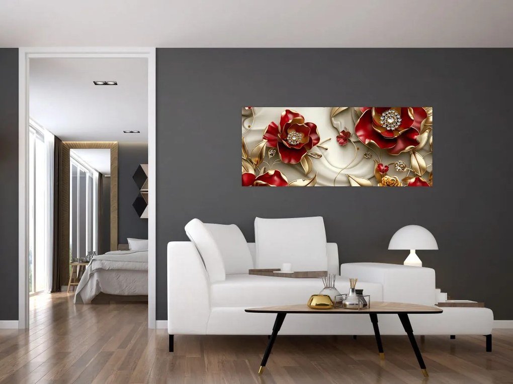 Tablou - Flori 3D Roșu-Auriu (120x50 cm)