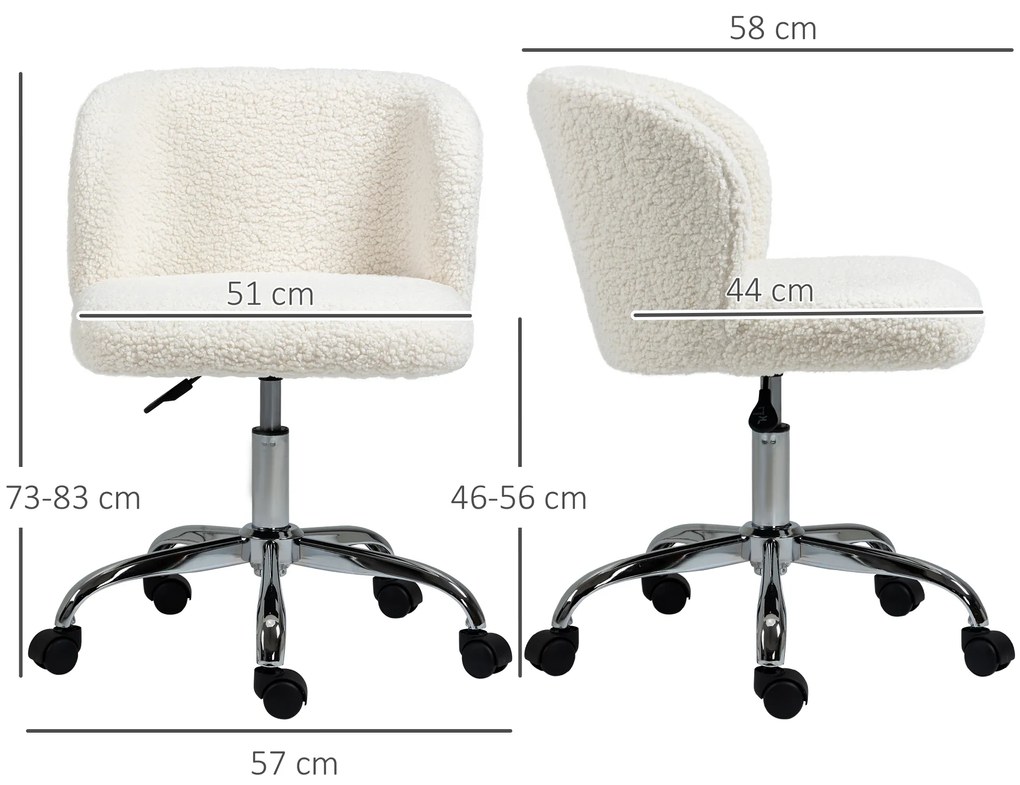 HOMCOM Scaun de birou fără brațe din lână de oaie, înălțime reglabilă, rotire 360°, încărcare maximă 120 Kg, alb | Aosom Romania