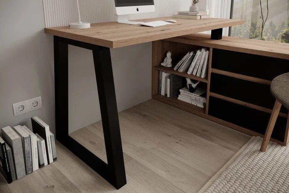 Birou de colț IWO II – 135x115x75.2 cm – Stejar Artisan / Negru